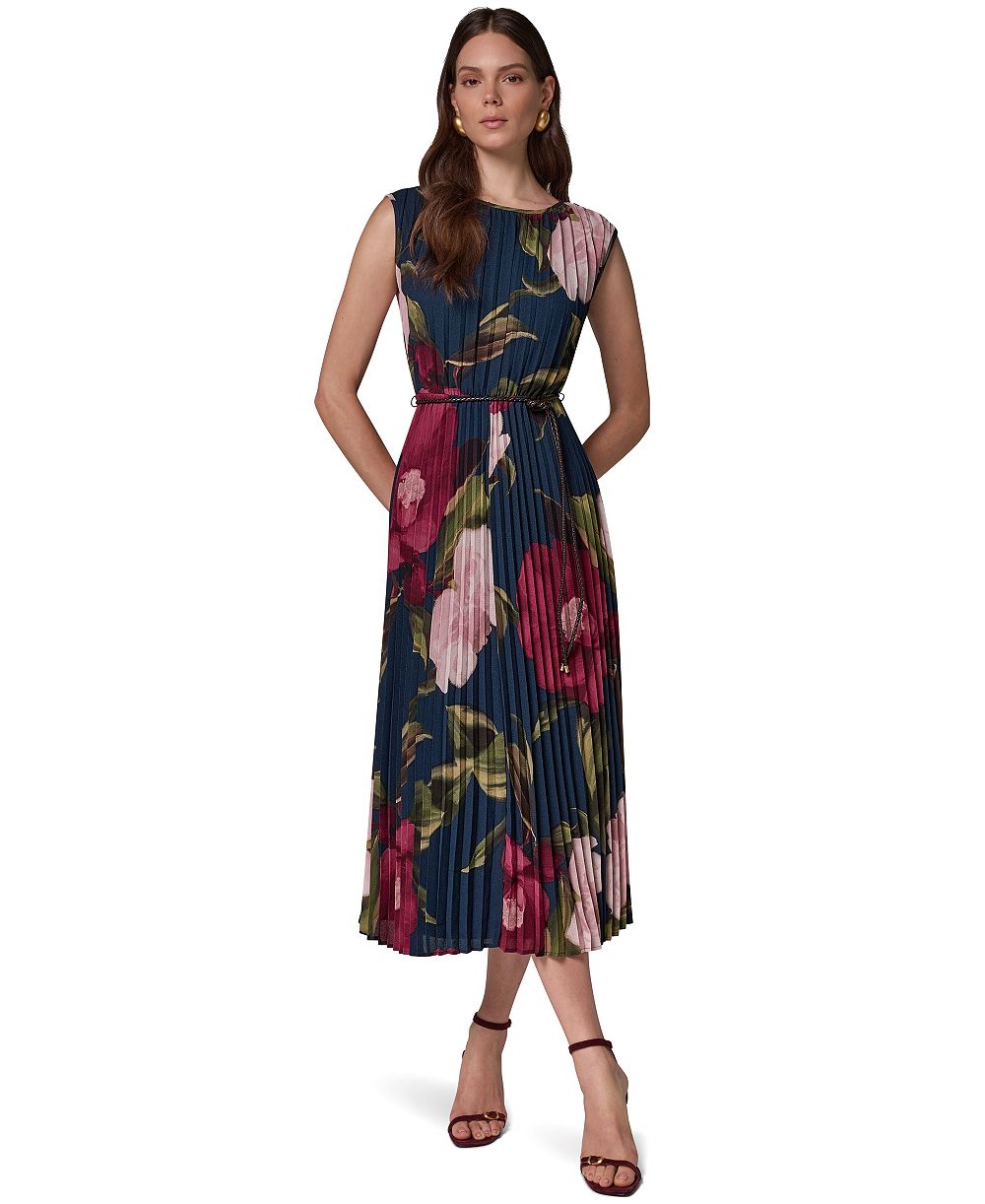 Donna Karan New York Petite Cap Sleeve Floral Chiffon A-Line Midi Dress