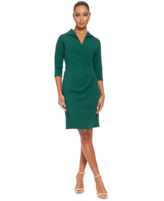 London Times Petite Side Ruche Scuba Crepe V-Neck Dress
