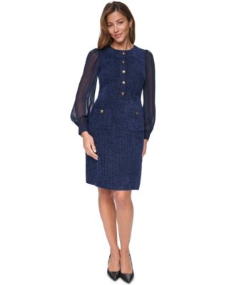 Eliza J Petite Crewneck Sheer Long-Sleeve Knee-Length Dress