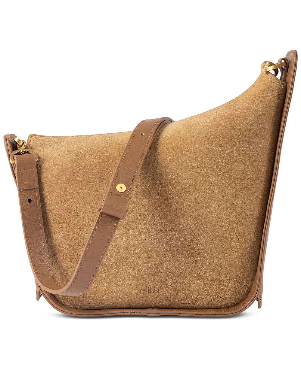 Esthera 10AM Suede Leather Asymmetrical Embossed Logo Small Crossbody Handbag