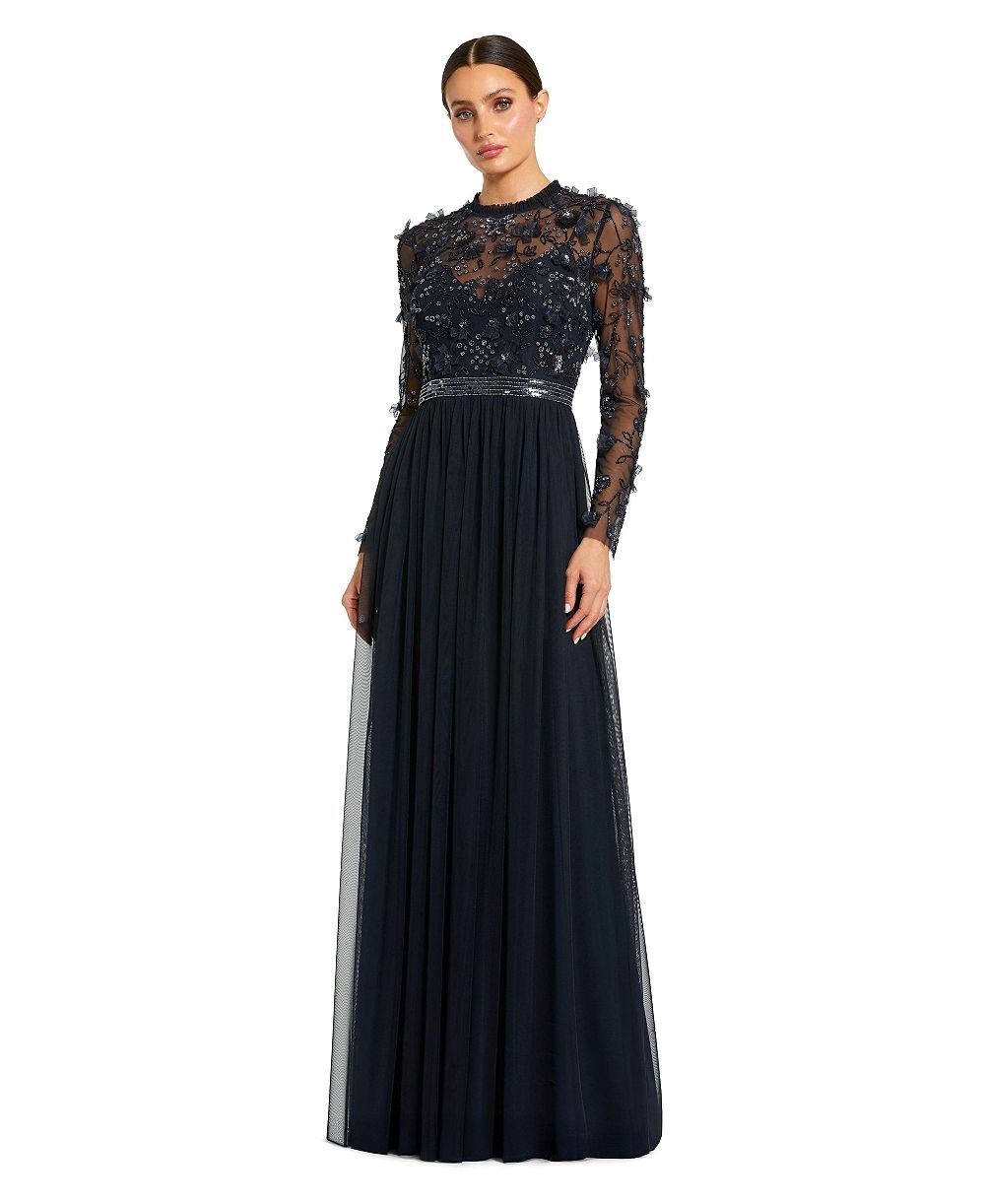 Женское длинное платье Mac Duggal Petite с ручной вышивкой, цветочным лифом и длинным рукавом