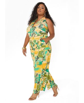 Ashley Stewart Plus Size High-Rise Wide-Leg Tropical-Print Pants, 31" Inseam