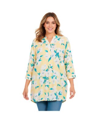 Woman Within Plus Size Floral V-Neck Three-Quarter-Sleeve Tunic Blouse
