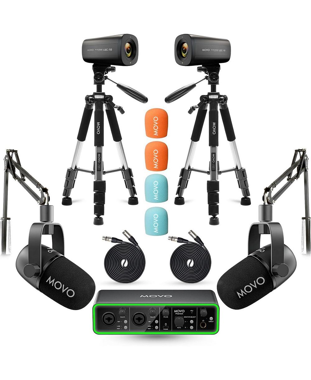 Movo Video Podcast Equipment Bundle - USB Audio Interface, 2 XLR Dynamic Microphones, 2 4K Cameras, 2 Boom Arms - Complete Podcast Setup
