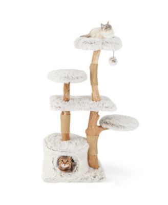 SUGIFT 53 in Modern Wooden Cat Tree Tower with Natural Branch Jute Scratching Posts and Condo
