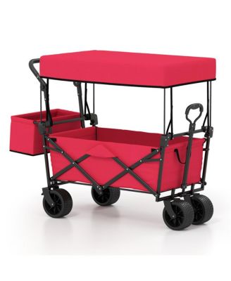 Mountaintop Foldable Utility Wagon,Adjustable Handle Outdoor Wagon, Puncture-Proof Wheels with Brakes, Removable Bag and Side Pockets-Red