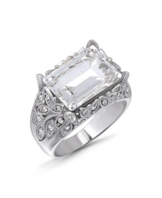Macy's Кольцо с изумрудной огранкой Cubic Zirconia Silver-Plated Leaf Design