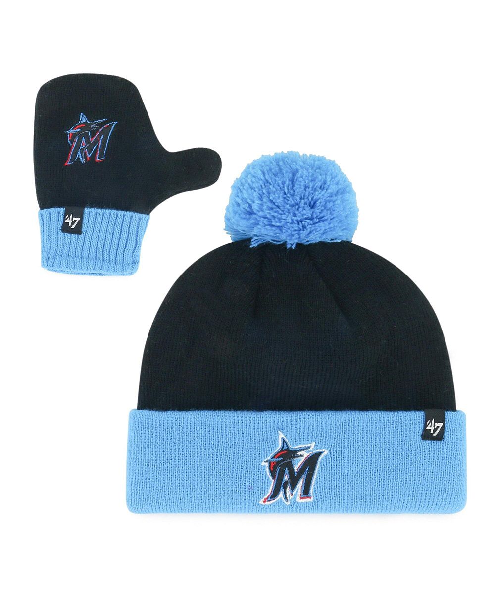 '47 Brand Toddler Black Miami Marlins Bam Cuffed Knit Hat with Pom & Mittens Set