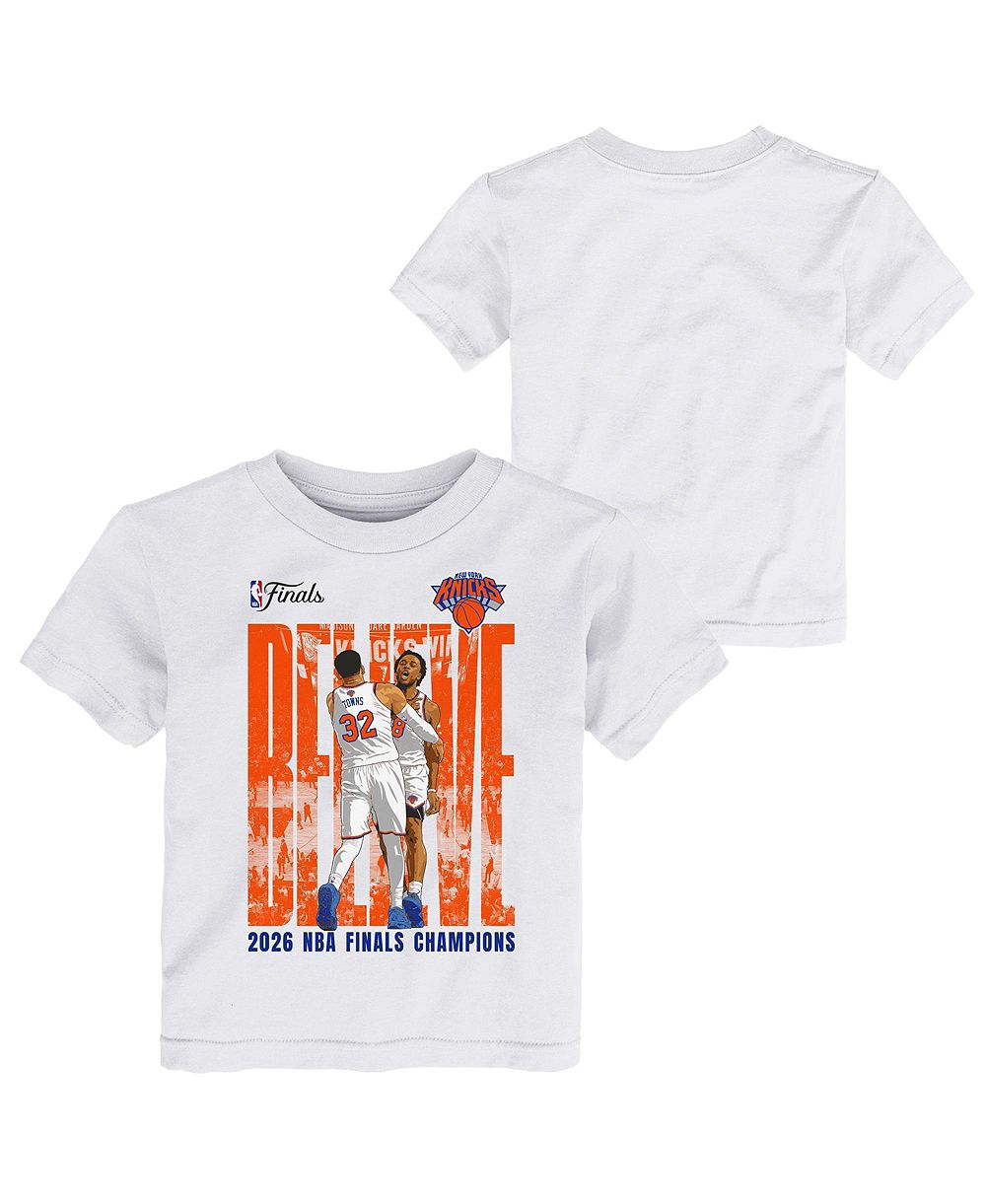 Детская футболка Outerstuff OG Anunoby Karl-Anthony Towns White New York Knicks 2026 NBA Finals Champions Believe T-Shirt