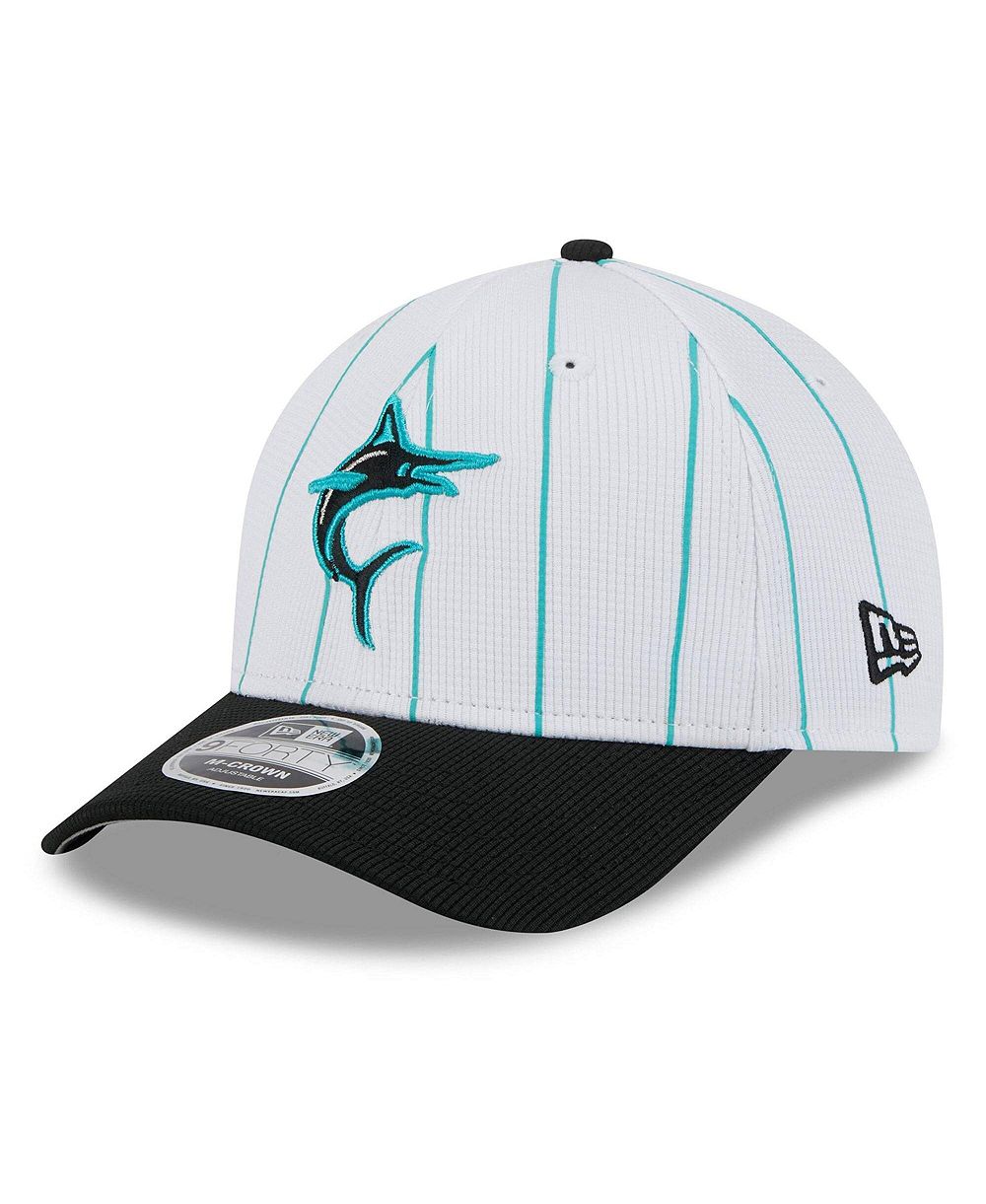 Мужская белая/черная бейсболка New Era Miami Marlins 2025 Batting Practice 9FORTY M-Crown регулируемая