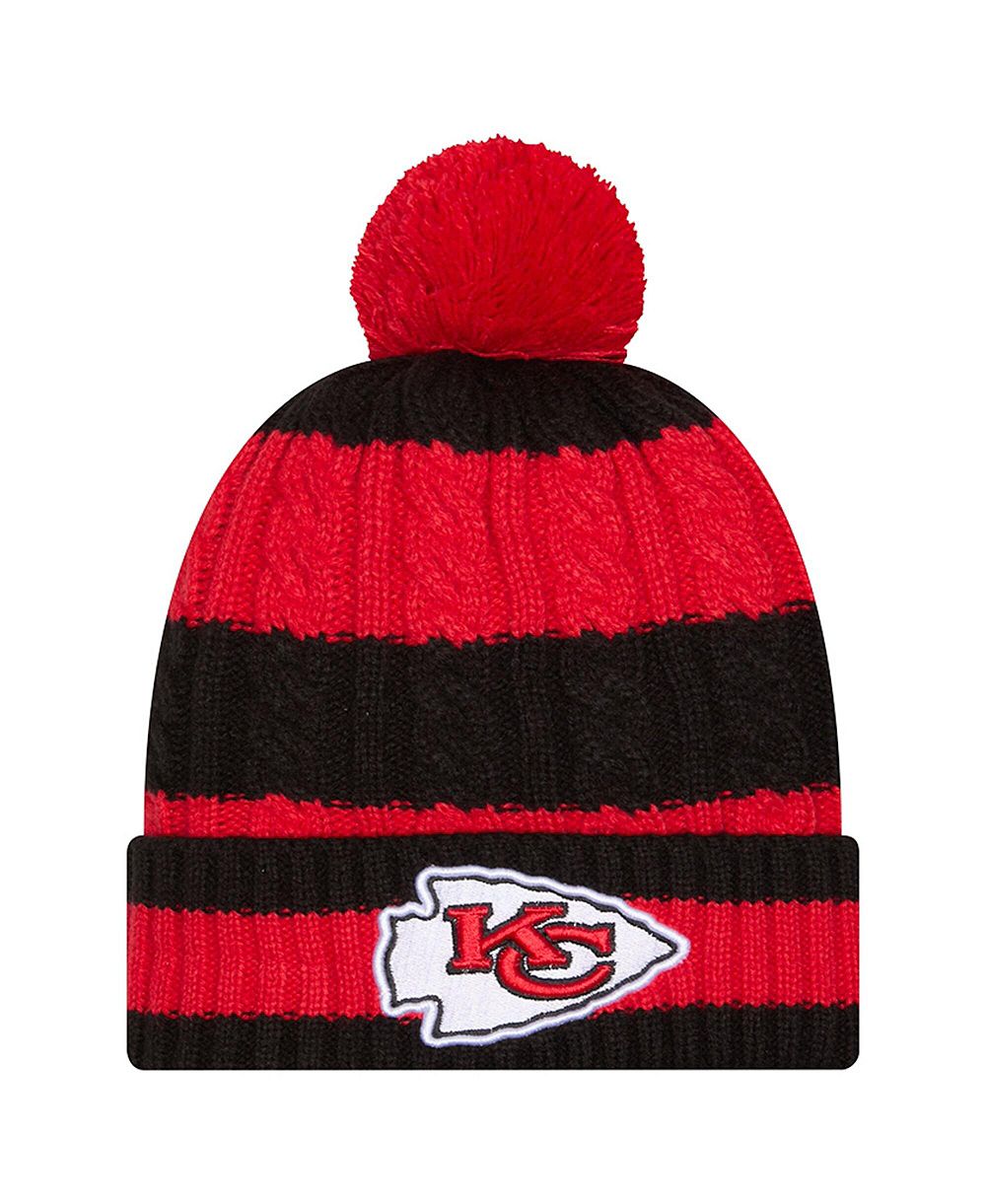 Женская вязаная шапка New Era Red Kansas City Chiefs Braided Cuffed с помпоном