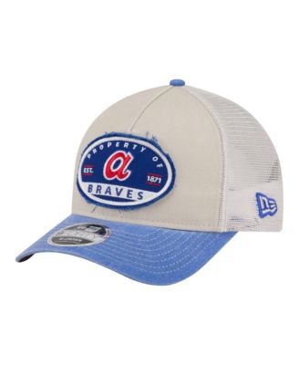 New Era Men's Light Beige/Royal Atlanta Braves Frayed M-Crown A-Frame 9FORTY Trucker Adjustable Hat