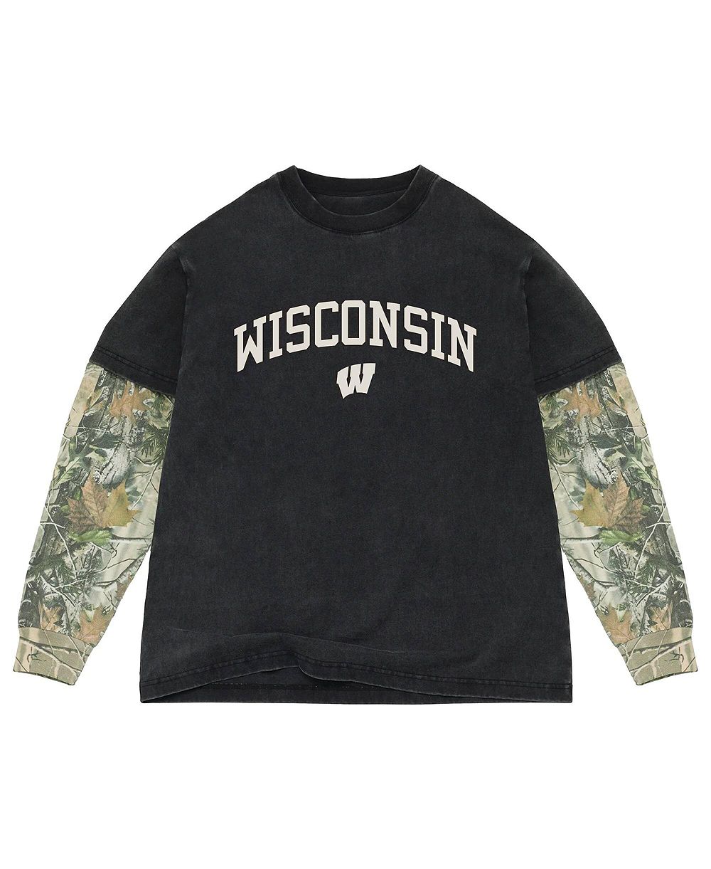 Uscape Apparel Мужская футболка с длинным рукавом Black/Camo Wisconsin Badgers Back Bay Twofer Heavyweight