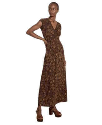 Apricot Women's Batik Star Flower V-Neck Cap-Sleeve Boho Maxi Dress