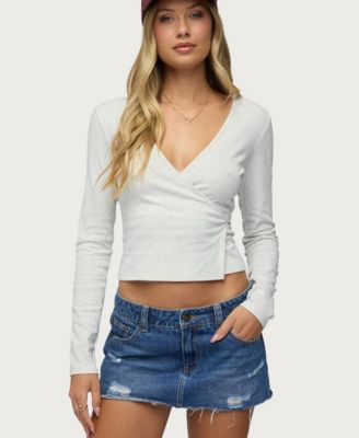 Edikted Women's Fonteyn Ribbed Long-Sleeve Cotton-Blend Wrap Top