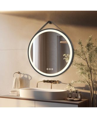 Настенное круглое зеркало LUVODI 28" с кожаным ремешком и диммером 3 цвета