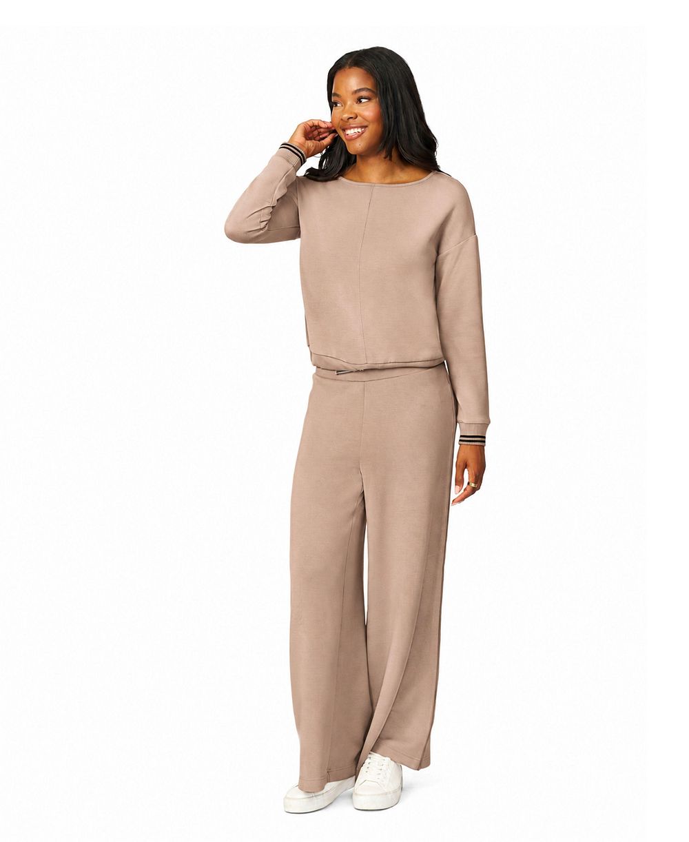 Cable & Gauge Women's Long-Sleeve Boat-Neck Tie-Front Top and Wide-Leg Pants Set