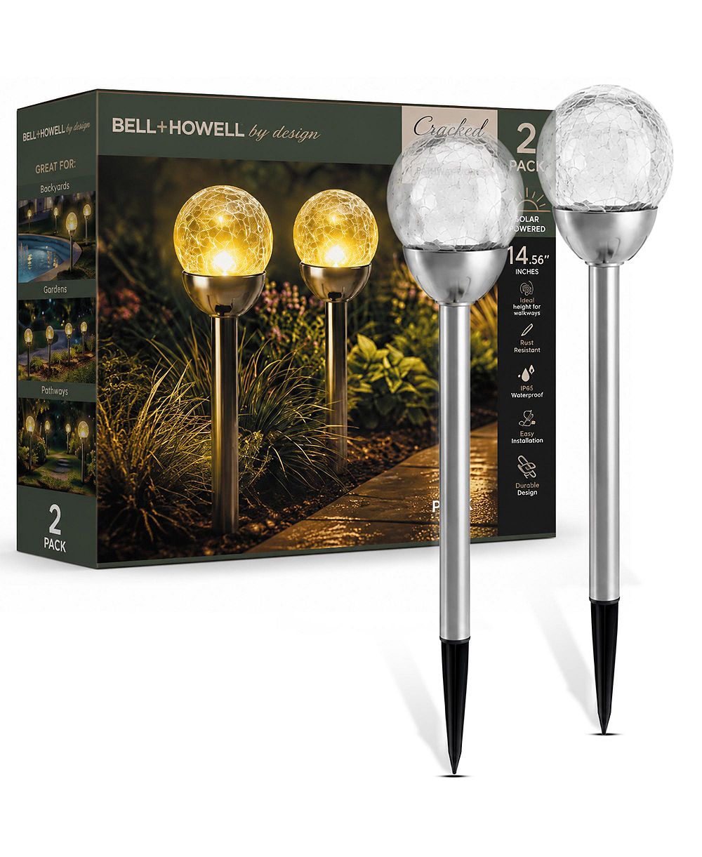 Bell + Howell 2-Piece комплект из 2 солнечных LED светильников для дорожек с эффектом треснувшего стекла, устойчивые к погодным условиям садовые колышки