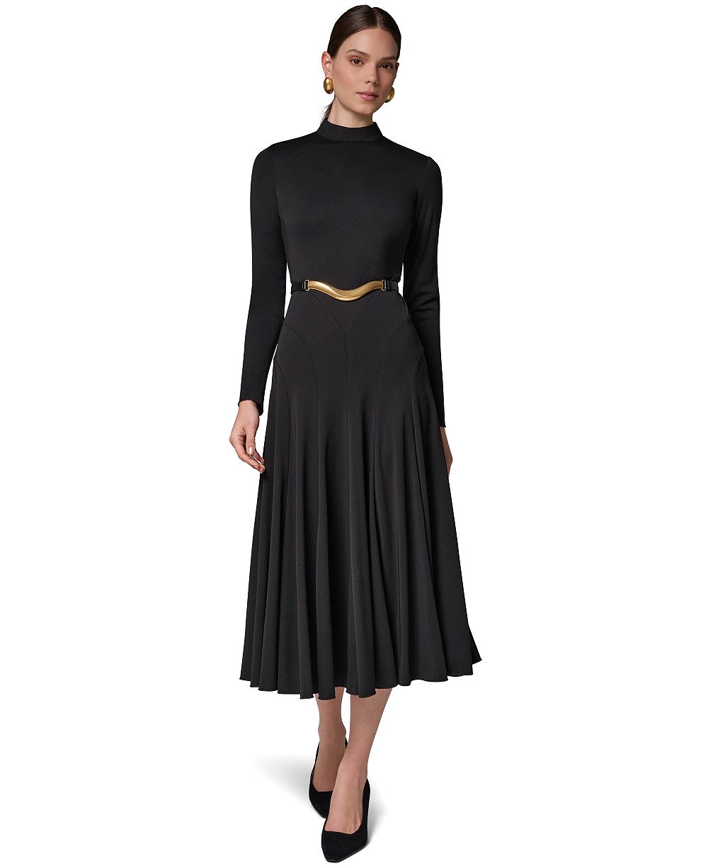 Donna Karan New York женское длинное плиссированное платье с ремнем и воротником-стойкой на длинном рукаве