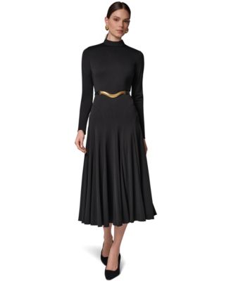 Donna Karan New York Women's Long Sleeve Mock Neck Pleated Maxi Dress with Belt