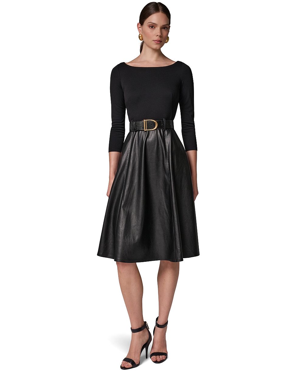 Donna Karan New York Женское платье Boat Neck Mixed Media Belted Fit & Flare