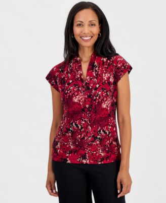 Kasper Women's Extended Sleeve Stretch Jersey Funnel Neck Floral Print Top