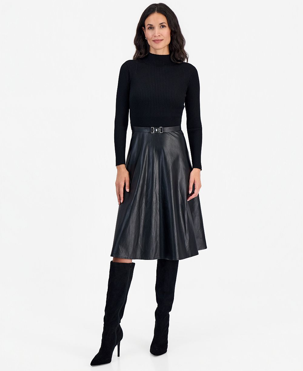 Robbie Bee Petite Mockneck Long-Sleeve Belted Dress