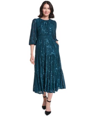 Jessica Howard Petite 3/4-Sleeve Smocked Floral Midi Dress