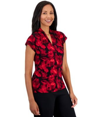 Kasper Petite Everyday Knit Floral Funnel Neck Short Sleeve Blouse