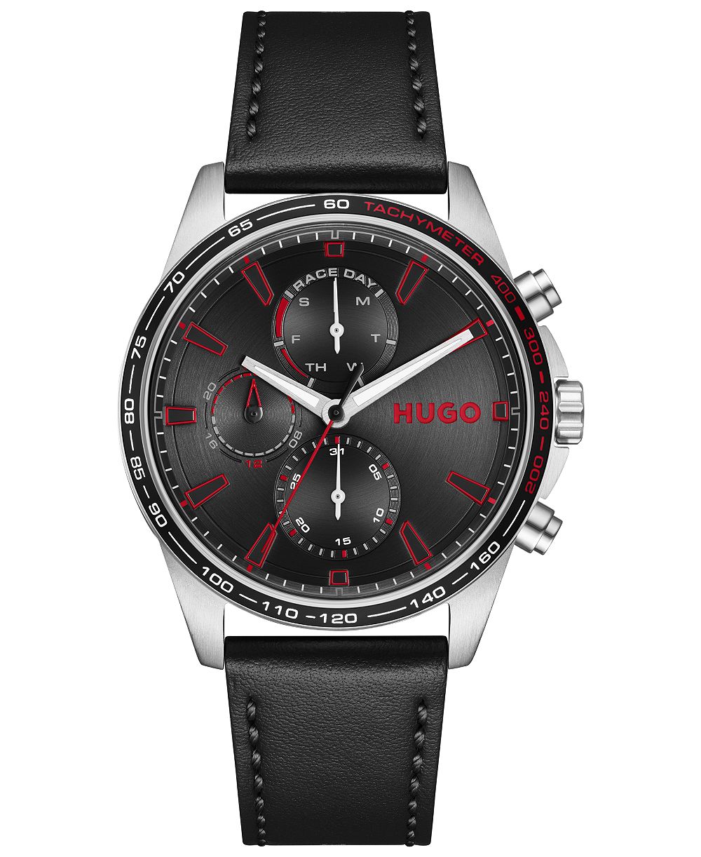 Мужские часы Hugo Boss с кварцевым механизмом и черным кожаным ремешком, 43мм
