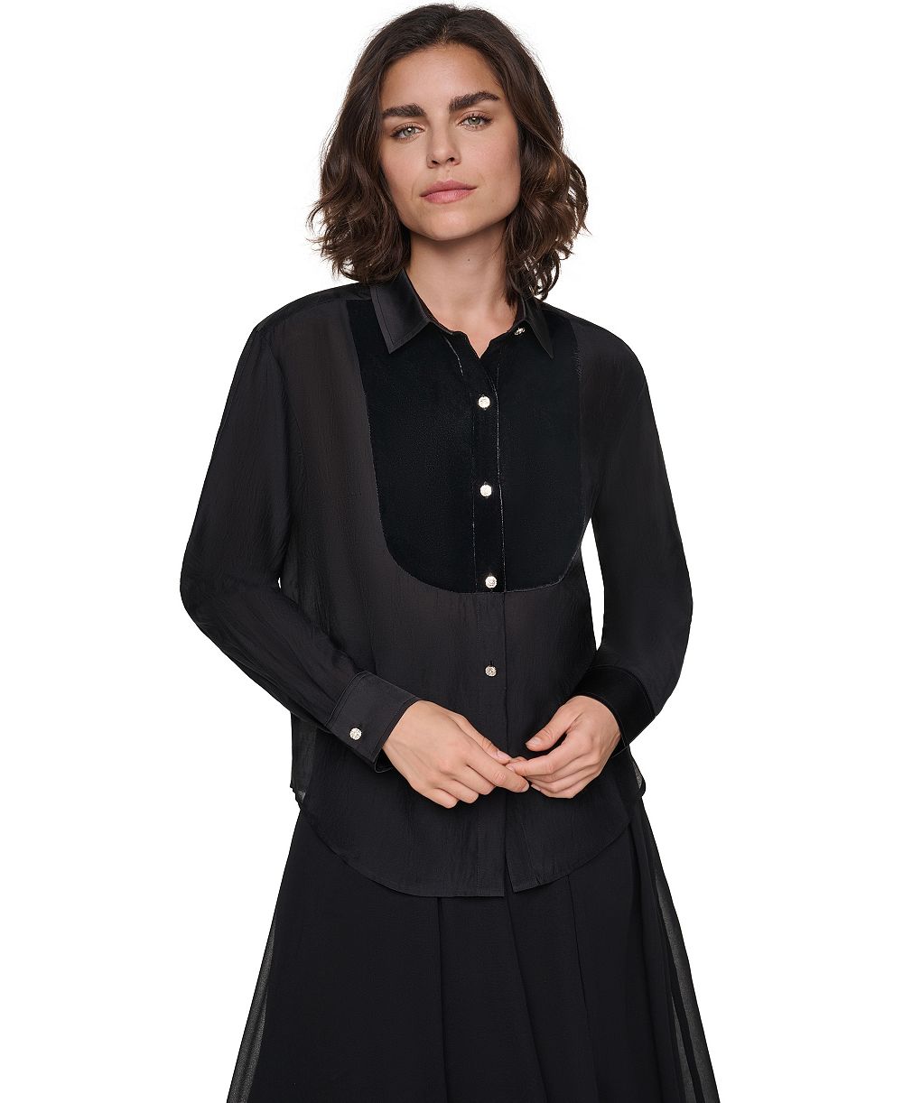 Женская блуза KARL LAGERFELD PARIS Petite из бархата с длинным рукавом и воротником-стойкой
