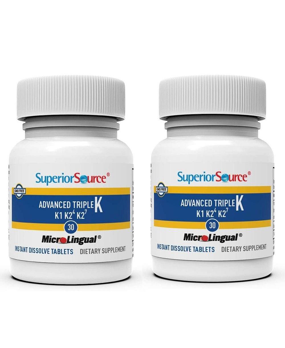Superior Source Triple K: MK-4 500mcg, MK-7 50mcg, K1 500mcg, 30 Quick Dissolve Tabs, Bone/Heart/Immune Support, Non-GMO, 2-Pack