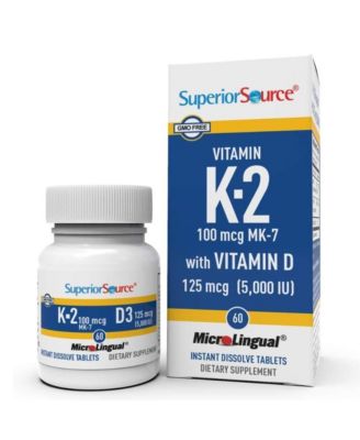 Superior Source K2 (MK-7) 100 mcg, with D3 (5,000 IU) Supplement, Quick Dissolve MicroLingual Tablets, 60 Count, Strengthen Bones, Cardiovascular and