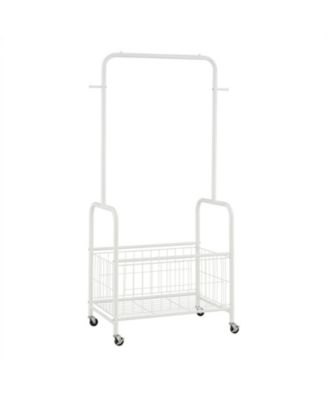 SUGIFT 3-in-1 Rolling Metal Clothes Rack with Hanging Rod Storage Basket and 2 Side Hooks
