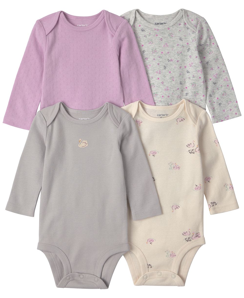 Carter's Baby Girls' Swan Long-Sleeve Lap-Shoulder Bodysuit, 4-Pack