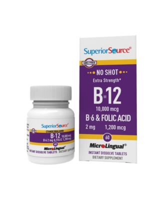 Superior Source No Shot Vitamin B-12 Cyanocobalamin 10000 mcg, B-6, Folic Acid 1200 mcg - 60 Sublingual Dissolving Tablets