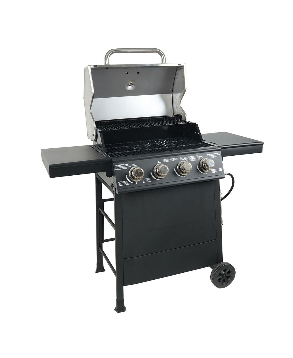 Grill Boss газовый гриль на пропан с 4 горелками, боковыми полками и колесами, черный