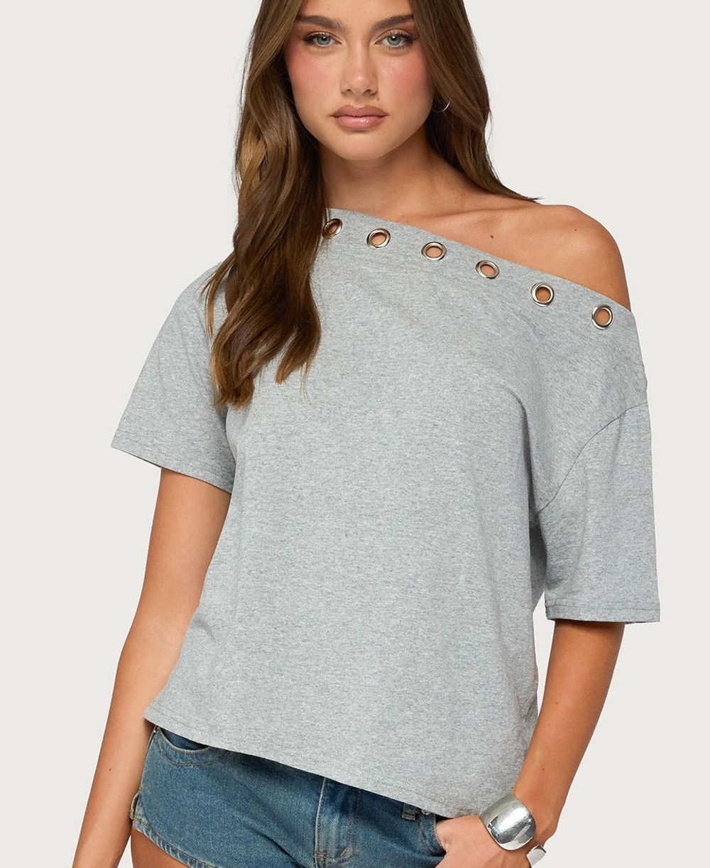 Edikted Women's Leslee Off-the-Shoulder Short-Sleeve Grommet T-Shirt