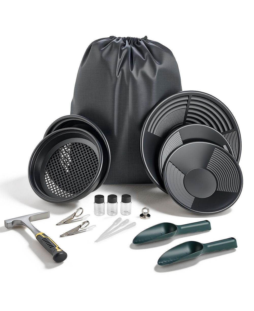 HONGGE 19-Piece Gold Panning Kit with 10 in and 14 in Dual-Groove Pans Classifier Sieves and Rock Pick
