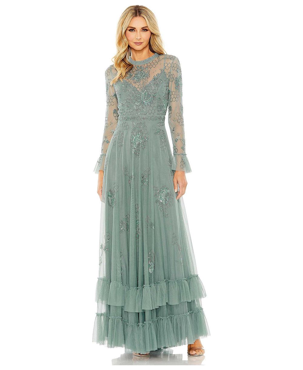 Женское вечернее платье Mac Duggal с вышивкой и бисером, из тюля, с длинными рукавами