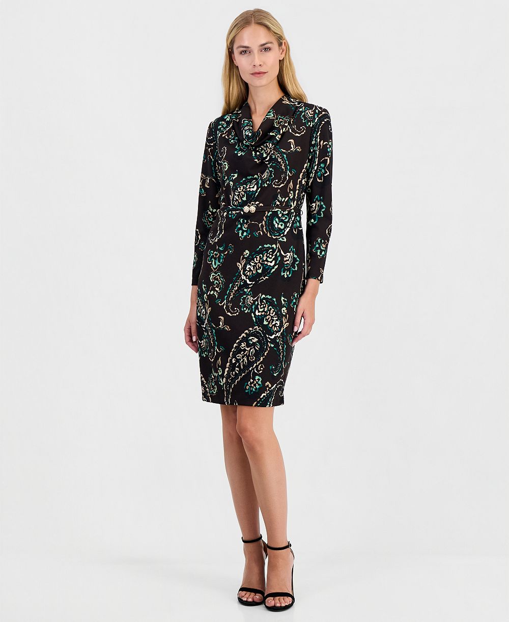 Женское платье-футляр Anne Klein с глубоким вырезом, длинным рукавом и пейсли-принтом
