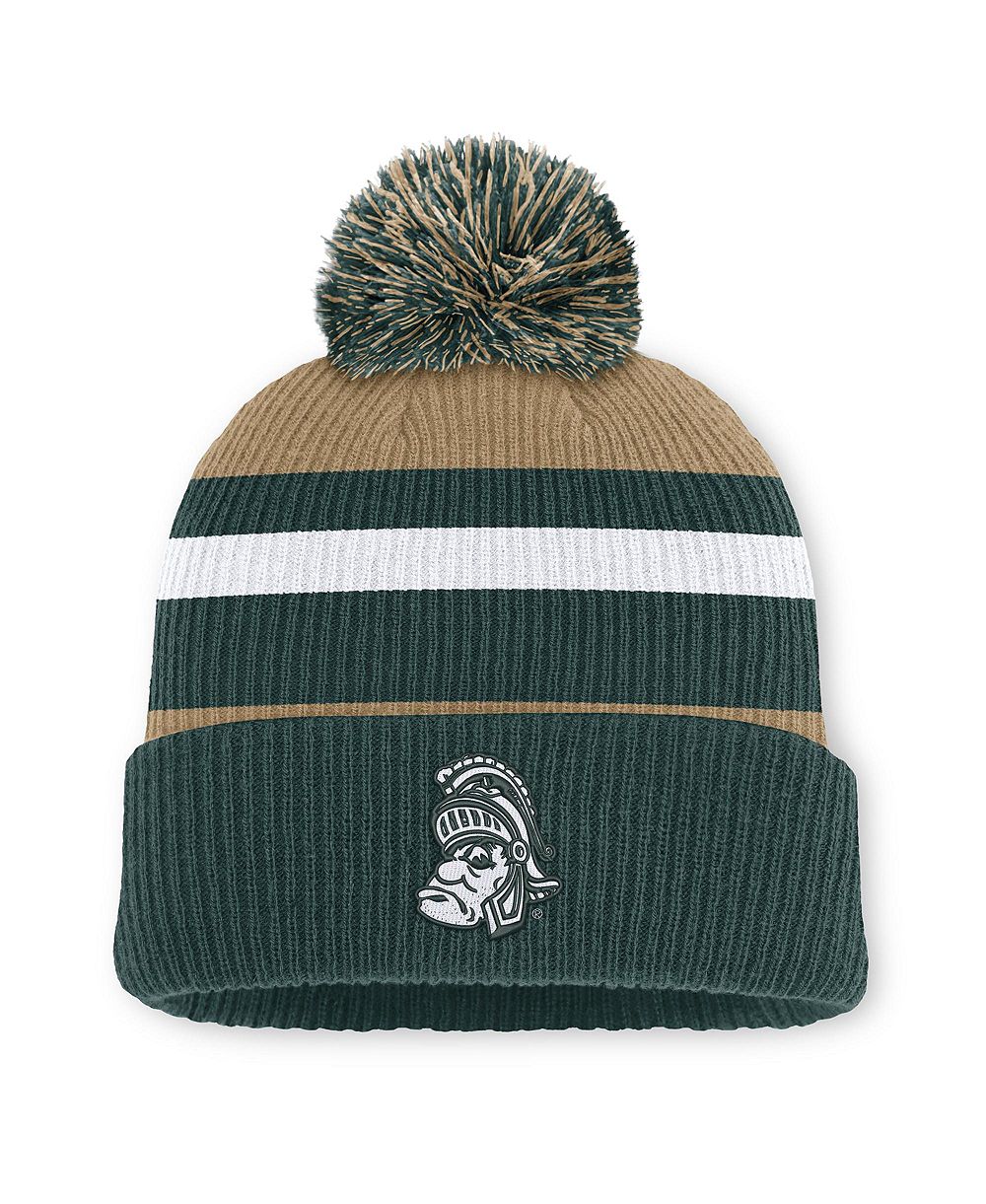 Мужские и женские вязаная шапка Nike Forest Green/Beige Michigan State Spartans Legacy Striped Cuffed Knit with Pom
