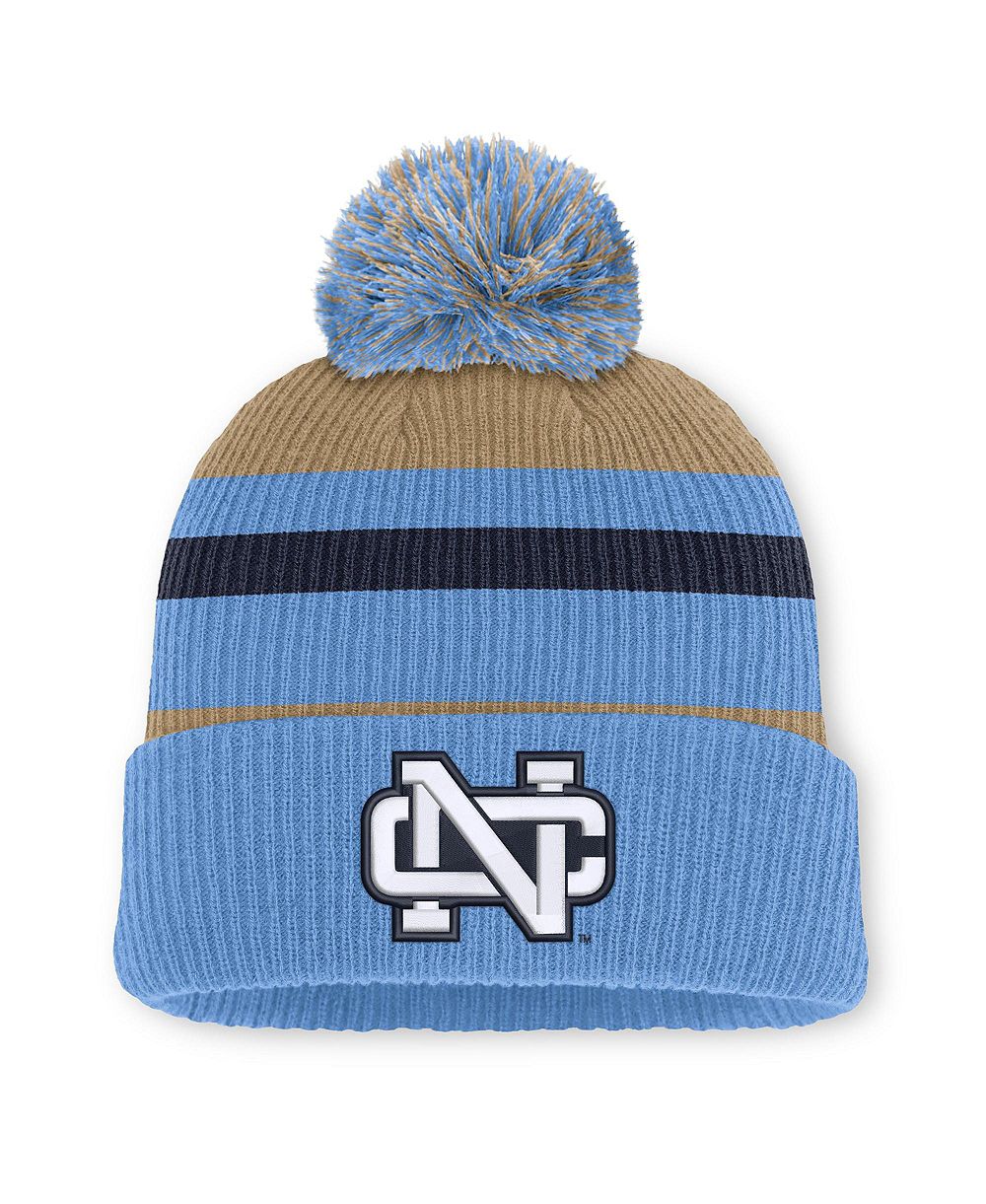 Мужская и женская вязаная шапка Nike Carolina Blue/Beige North Carolina Tar Heels Legacy Striped Cuffed Knit with Pom