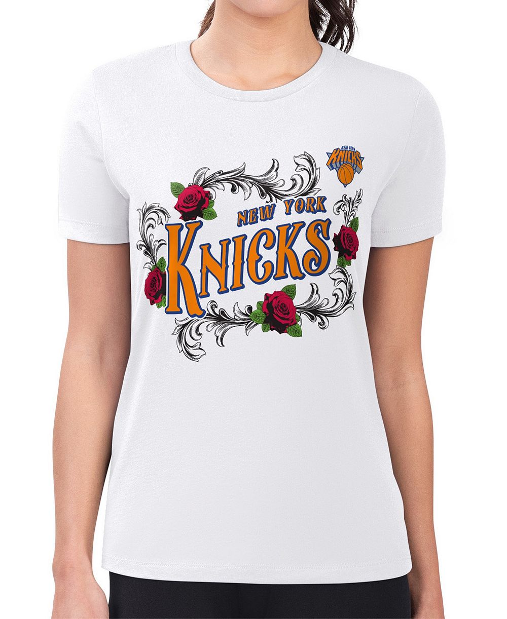 Женская футболка G-III 4Her by Carl Banks White New York Knicks Super-Slim Fit Lightweight Roses Crew Neck