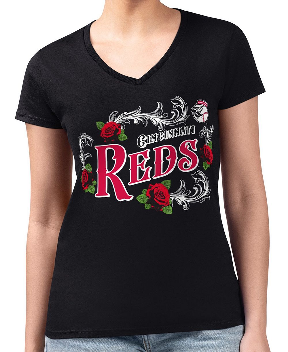 Женская футболка G-III 4Her by Carl Banks Black Cincinnati Reds суперприлегающая легкая ретро с принтом роз и V-образным вырезом