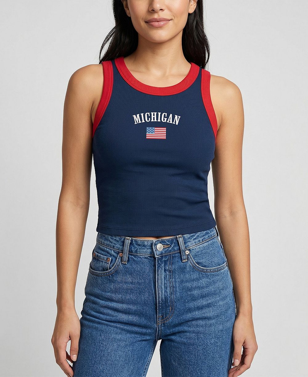 Женский топ Uscape Apparel Navy/Red Michigan Wolverines Americana Wordmark Ribbed Tank Top