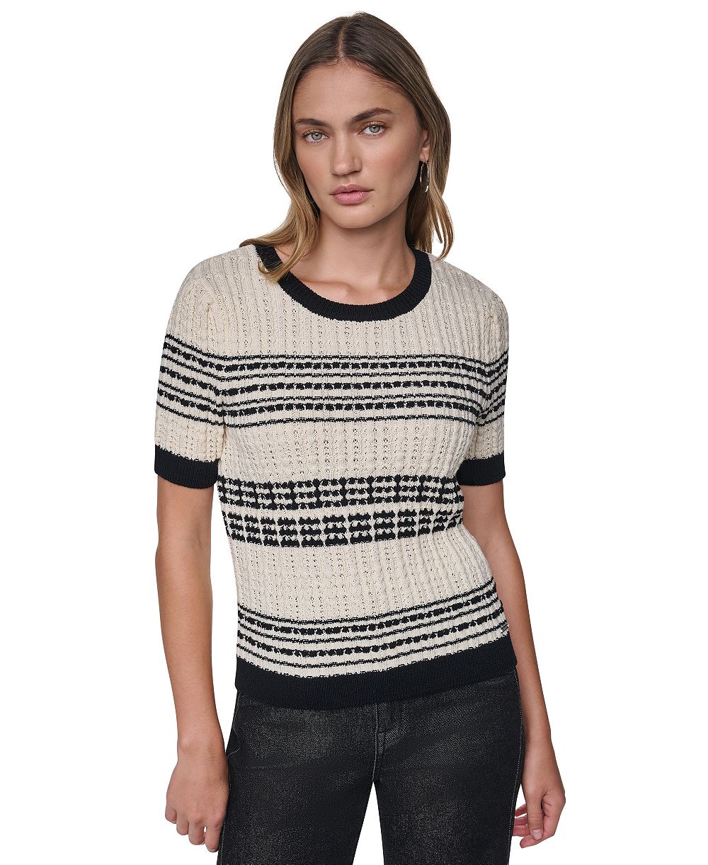 DKNY Jeans Women's Short-Sleeve Striped Crewneck Cotton Sweater