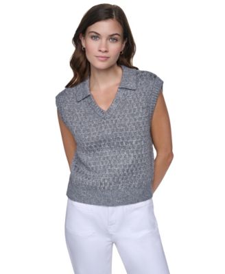 DKNY Jeans Women's Sleeveless V-Neck Collared Sweater