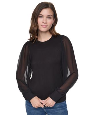 DKNY Jeans Women's Mixed-Media Long-Sleeve Crewneck Blouse