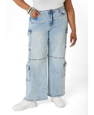 Ashley Stewart Plus Size Cargo Acid Wash High-Waisted Jeans